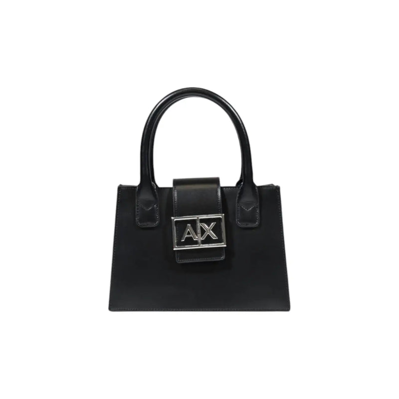 Armani Exchange black leather handbag with shoulder strap featuring a silver ax logo clasp on the front side