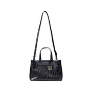 Armani Exchange black leather handbag with embossed exchange logo pattern and gold-tone hardware shoulder strap