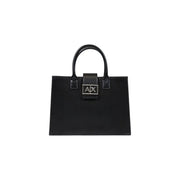 Armani Exchange black leather handbag with silver ax logo plaque and curved top handles with shoulder strap
