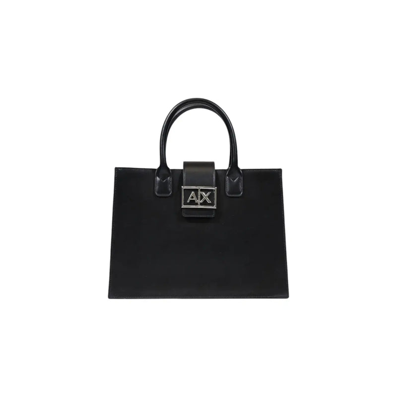 Armani Exchange black leather handbag with silver ax logo plaque and curved top handles with shoulder strap