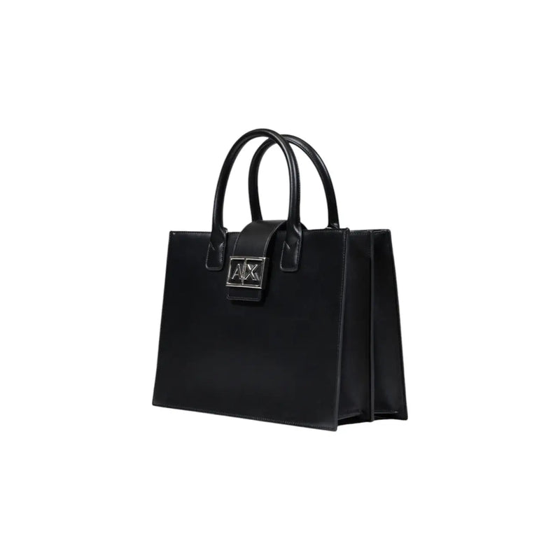 Armani Exchange black leather tote bag with structured design silver-tone logo clasp and shoulder strap