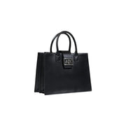 Armani Exchange black leather handbag with shoulder strap and silver AX logo plaque on the front