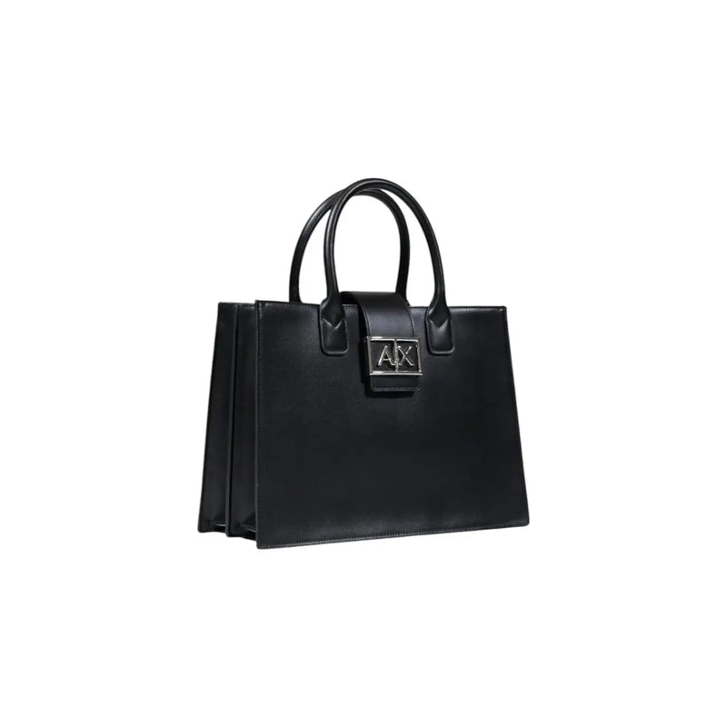 Armani Exchange black leather handbag with shoulder strap and silver AX logo plaque on the front