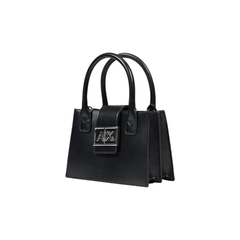 Armani Exchange black leather handbag with silver-tone ax logo clasp and dual top handles with shoulder strap