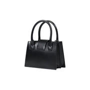 Armani Exchange black leather mini handbag with structured rectangular shape and dual top handles with shoulder strap