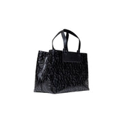 Armani Exchange black leather tote bag with shoulder strap and embossed repeating lettering pattern