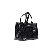 Armani Exchange black leather tote bag with embossed lettering and silver tone logo clasp with shoulder strap
