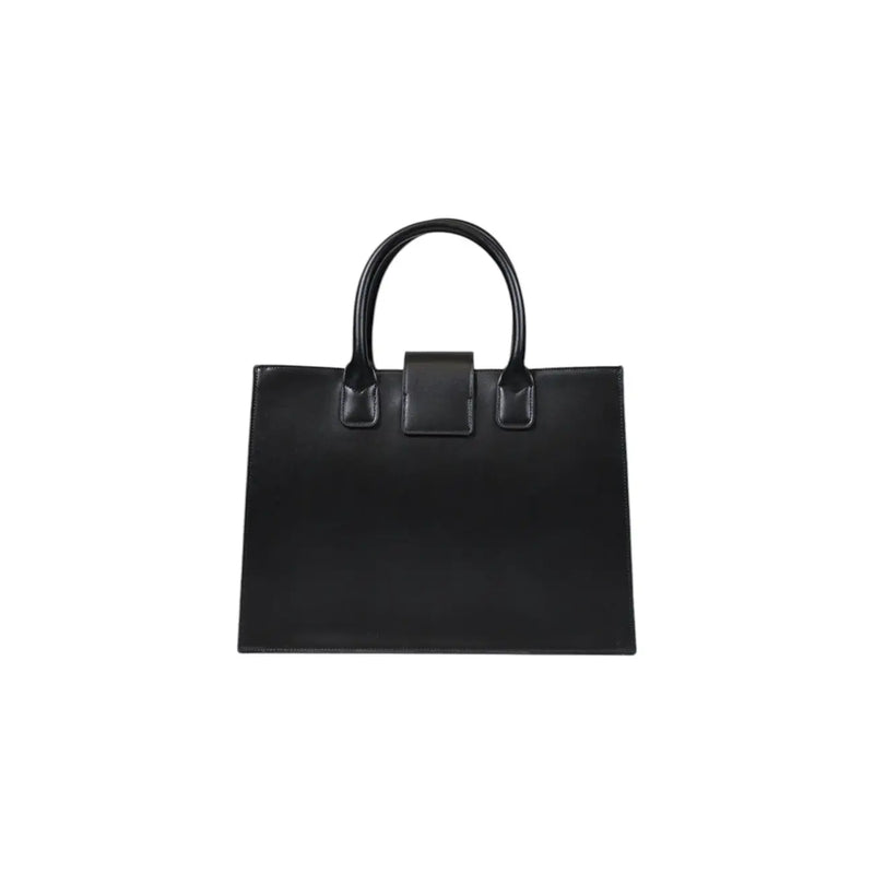 Armani Exchange black leather tote handbag with rounded top handles flap closure and detachable shoulder strap