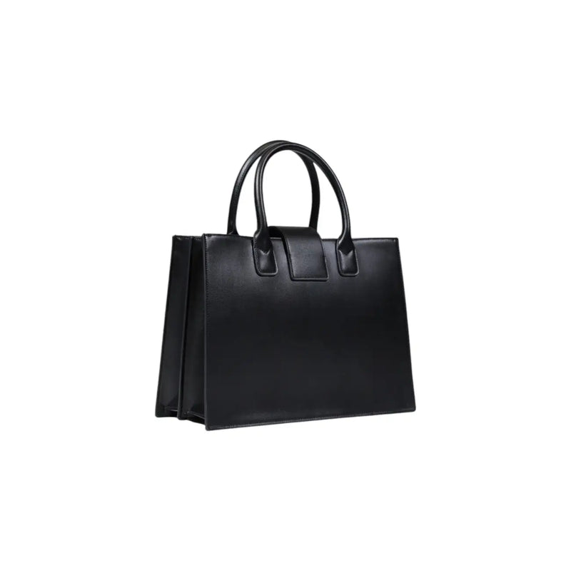 Armani Exchange black leather tote bag with structured design top handles and detachable shoulder strap