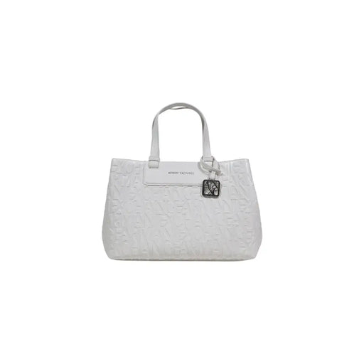 White Armani Exchange tote bag with embossed logo and metallic tag