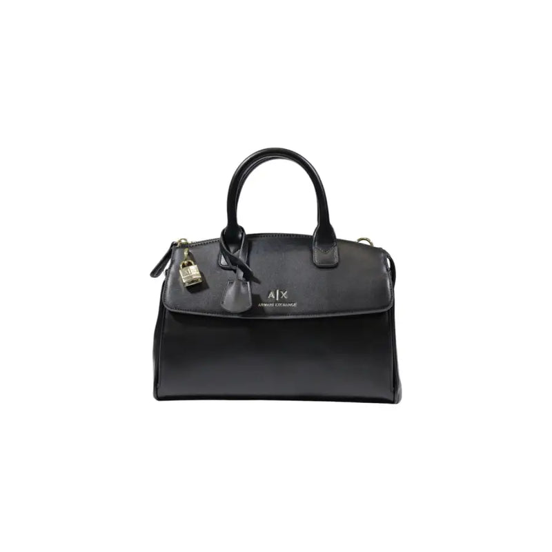 Armani Exchange black leather satchel handbag with top handle shoulder strap and gold-tone lock detail