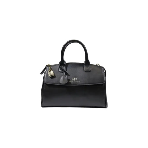 Armani Exchange black leather satchel handbag with top handle shoulder strap and gold-tone lock detail