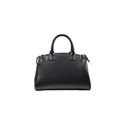Armani Exchange black leather satchel handbag with rounded top handles gold tone hardware and shoulder strap