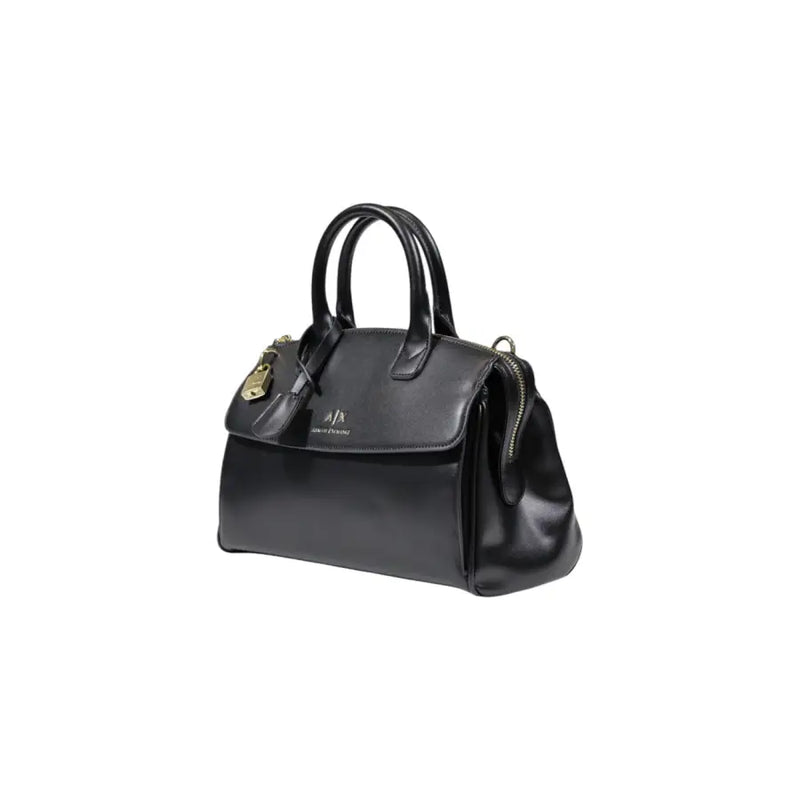 Armani Exchange black leather handbag with gold-tone hardware, front flap closure, shoulder strap, and zip detail