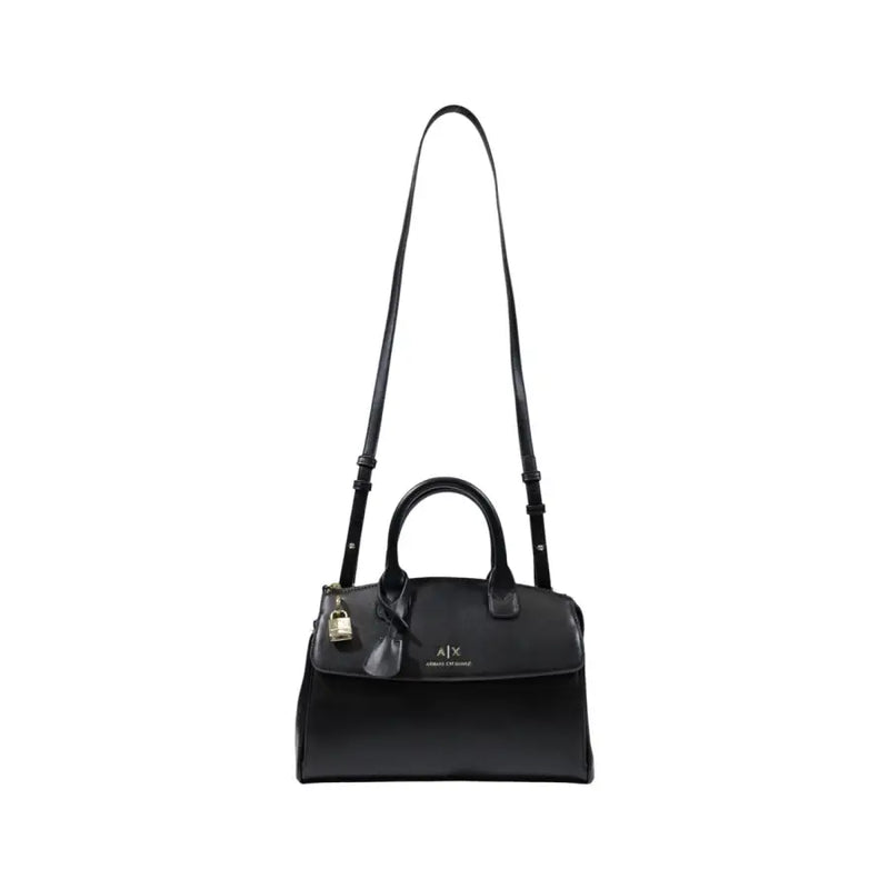 Armani Exchange black leather handbag with shoulder strap and gold-tone lock and tag with zip closure