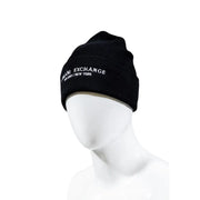 Armani Exchange black knit beanie with white embroidered armani exchange milano new york logo on the front