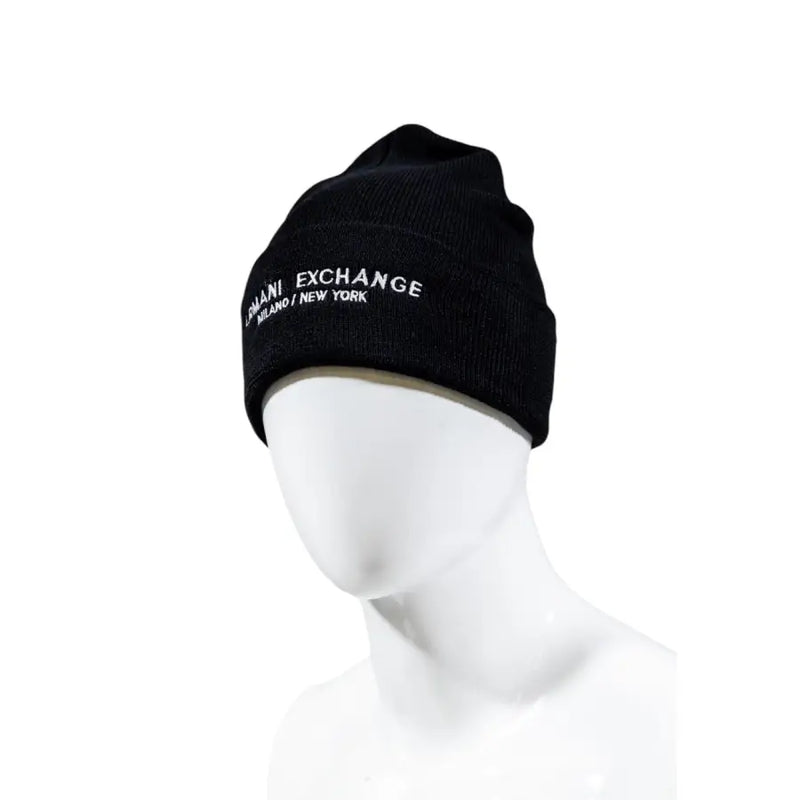 Armani Exchange black knit beanie with white embroidered armani exchange milano new york logo on the front