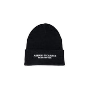 Black armani exchange knit beanie with white embroidered branding on folded cuff for stylish cold weather wear