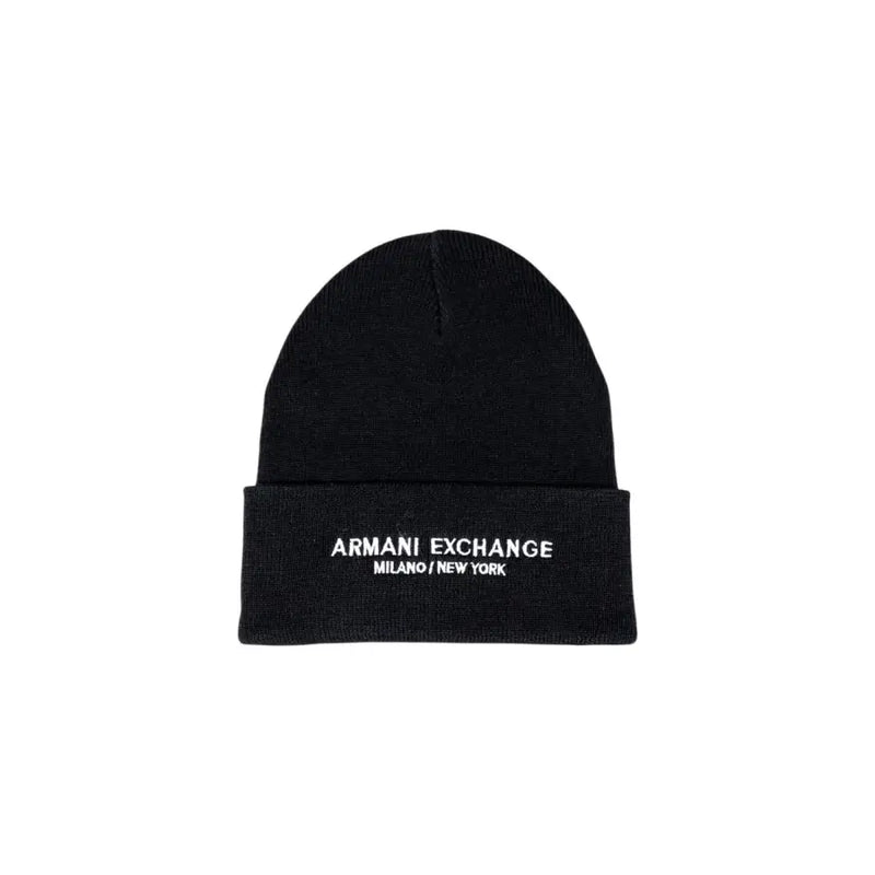 Black armani exchange knit beanie with white embroidered branding on folded cuff for stylish cold weather wear
