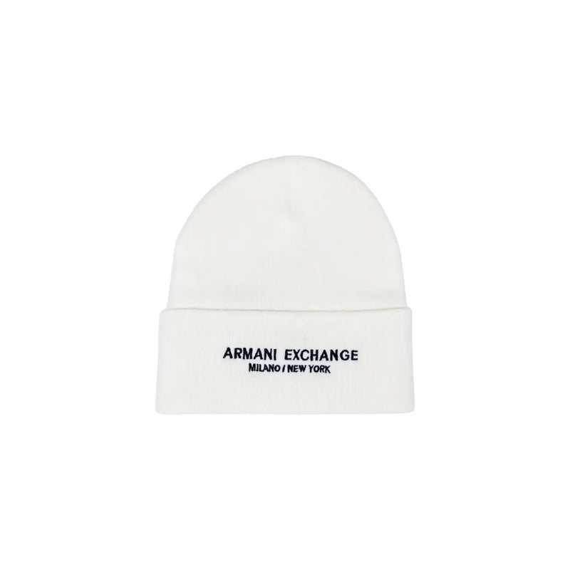 White Armani Exchange beanie displayed on a product labeled Armani Exchange Black Knit Beanie