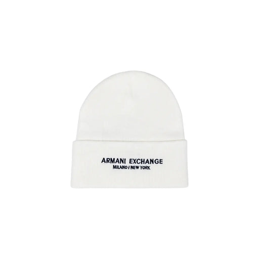 White Armani Exchange beanie displayed on a product labeled Armani Exchange Black Knit Beanie