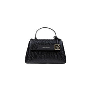 Armani Exchange black leather handbag with embossed logo and gold tone metal clasp with shoulder strap
