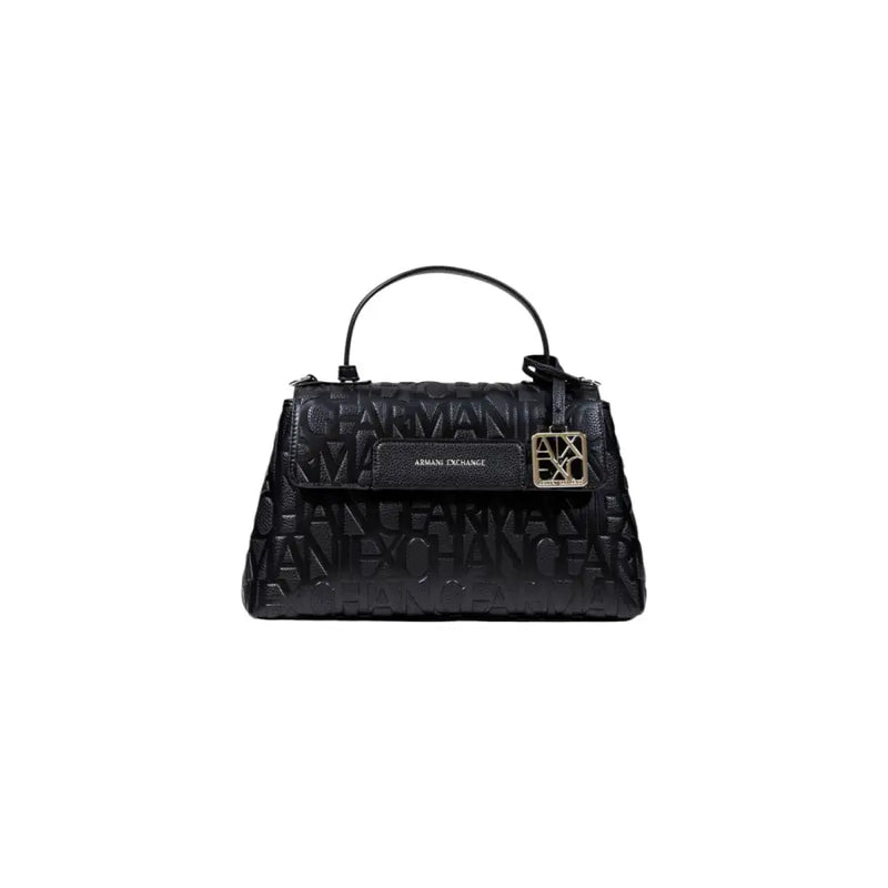 Armani Exchange black leather handbag with embossed logo and gold tone metal clasp with shoulder strap