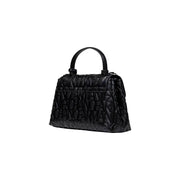 Armani Exchange black leather handbag with quilted design and embossed Armani logo in repeating pattern and shoulder strap