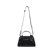 Armani Exchange black quilted leather handbag with embossed logo and metallic clasp featuring shoulder strap