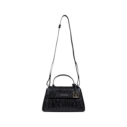 Armani Exchange black quilted leather handbag with embossed logo and metallic clasp featuring shoulder strap