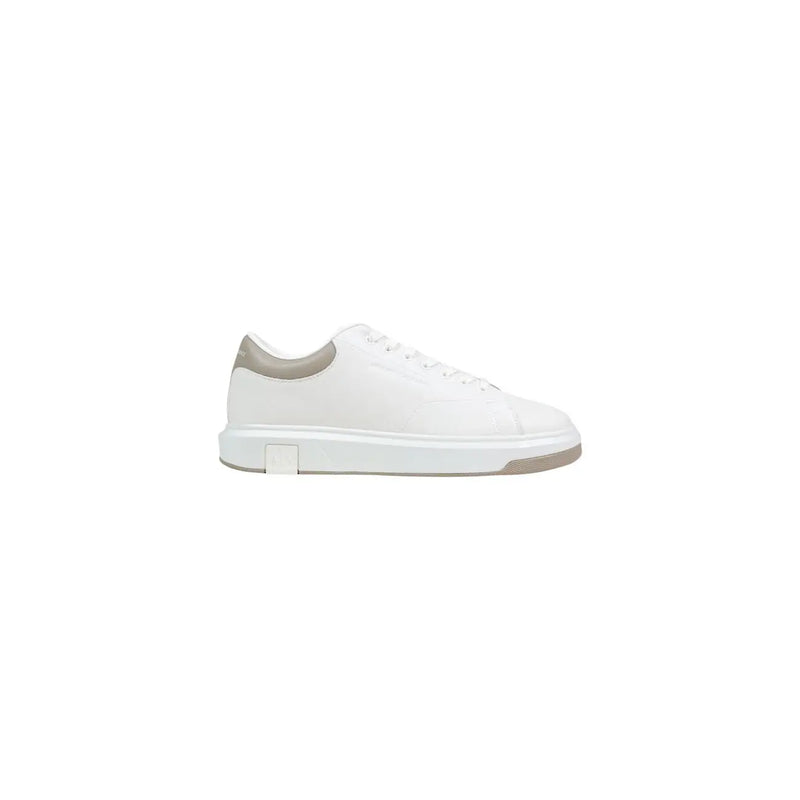 Armani Exchange white leather low-top sneaker for men with minimalist design and gray accents on heel tab and sole edge