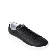 Armani Exchange black leather low-top sneakers for men with white rubber sole and black laces featuring logo side detail