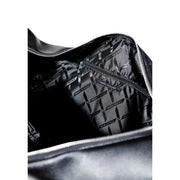 Armani Exchange black leather duffel bag with zip pocket and interior lining featuring repeating brand logo pattern