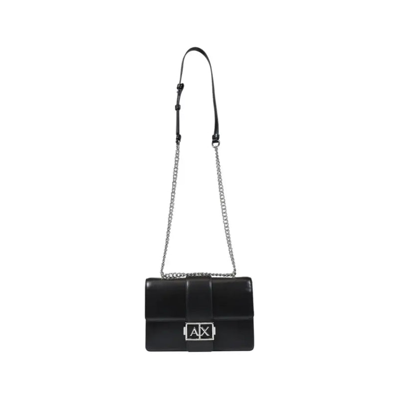 Armani Exchange black leather crossbody bag for women with silver chain strap and ax logo clasp