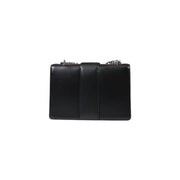 Armani Exchange black polyester shoulder bag for women featuring black leather clutch with silver chain strap and vertical seam detailing