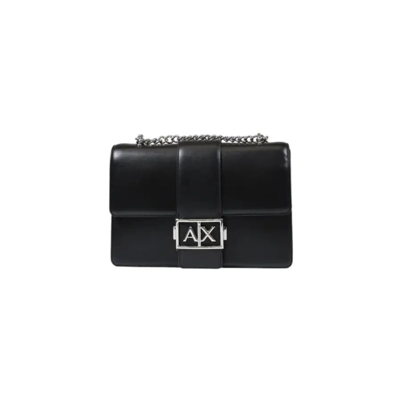 Armani Exchange black polyester shoulder bag for women with black leather crossbody and silver chain strap featuring ax logo plaque