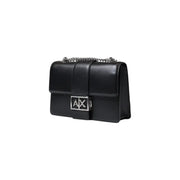 Armani Exchange black polyester shoulder bag for women with black leather, silver chain strap, and logo clasp