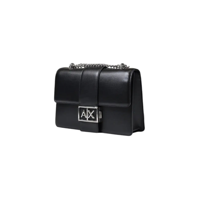 Armani Exchange black polyester shoulder bag for women with black leather, silver chain strap, and logo clasp