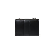 Armani Exchange black polyester shoulder bag for women featuring black leather clutch with silver chain strap and vertical seam detailing
