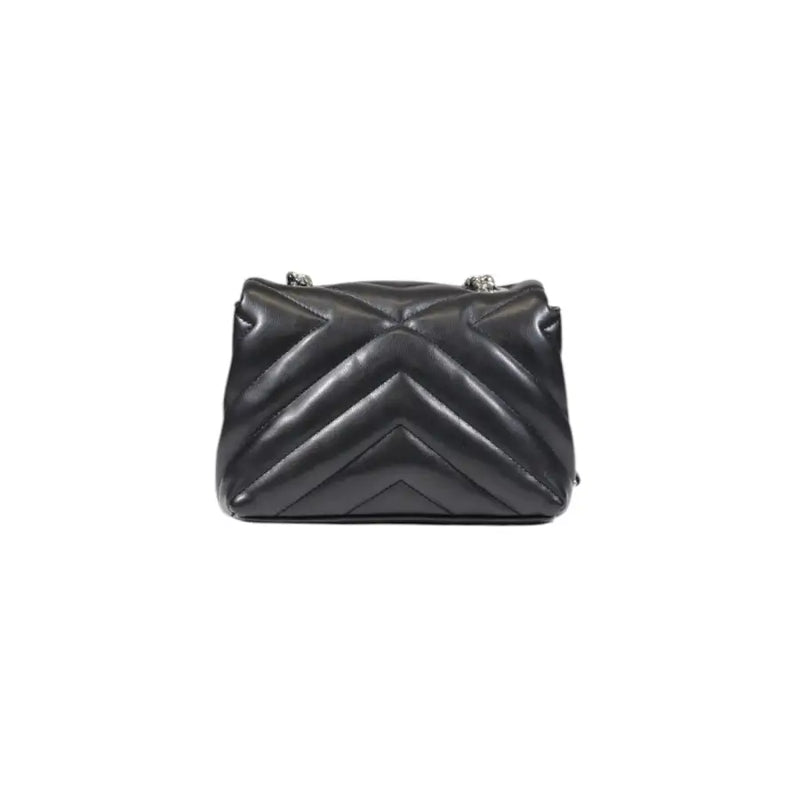 Armani Exchange black quilted leather handbag with chevron pattern and silver chain strap 14x20x8 cm