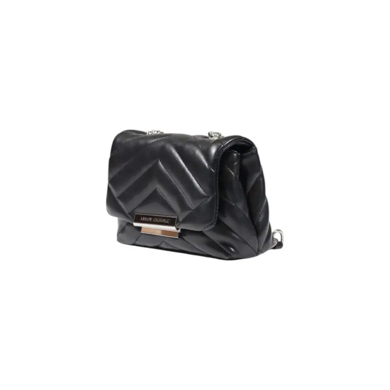 Armani Exchange black quilted leather shoulder bag with silver-tone hardware and rectangular metal plaque 14x20x8 cm