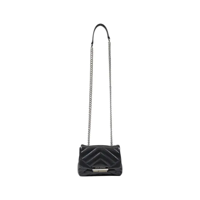 Armani Exchange black quilted leather crossbody bag with silver chain strap and metallic clasp 14x20x8 cm