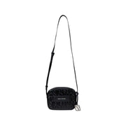 Armani Exchange black polyester crossbody bag for women with embossed logo and silver-tone metal clasp