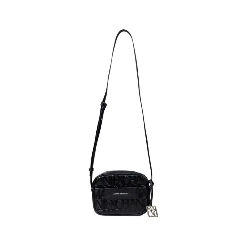 Armani Exchange black polyester crossbody bag for women with embossed logo and silver-tone metal clasp