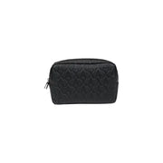 Armani Exchange black quilted polyester cosmetic bag with embossed monogram pattern and zip pocket for women