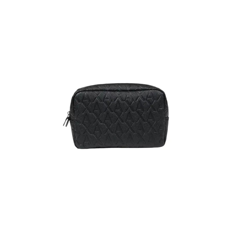 Armani Exchange black quilted polyester cosmetic bag with embossed monogram pattern and zip pocket for women