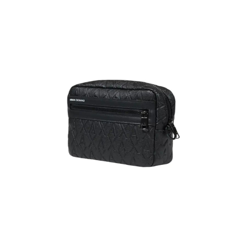 Armani Exchange black quilted leather toiletry bag with embossed logo pattern and dual zippers for travel use