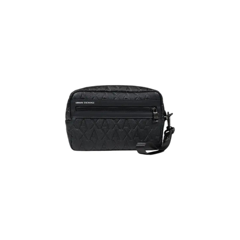 Armani Exchange black polyester wristlet with quilted texture and repeating logo pattern for women