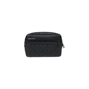 Armani Exchange black quilted leather pouch with repeating logo pattern and front zipper for women