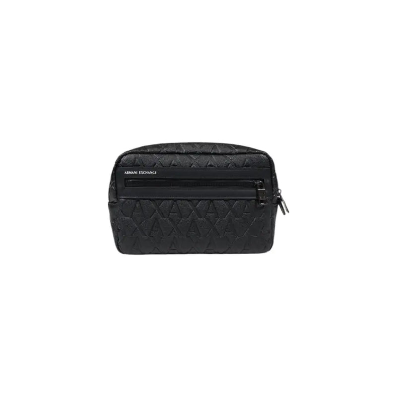 Armani Exchange black quilted leather pouch with repeating logo pattern and front zipper for women